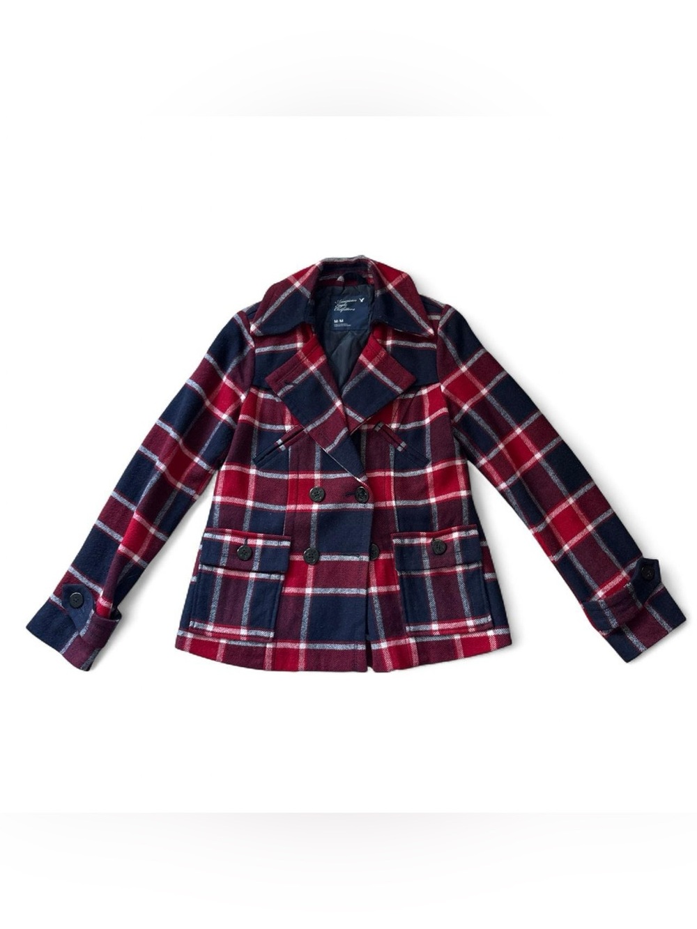Vintage Y2K American Eagle Plaid Wool Blend Pea Coat Jacket Red Navy Medium Anch
